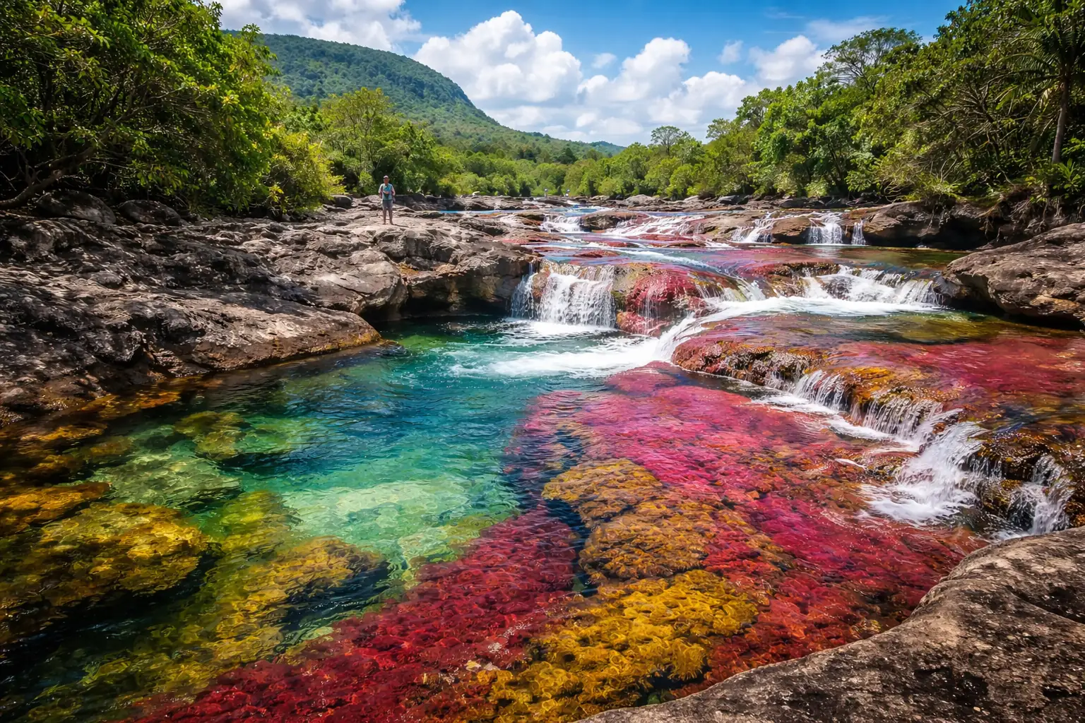 Rivière Caño Cristales en Colombie avec eaux rouges, jaunes et vertes formant la rivière aux cinq couleurs dans le parc naturel de la Serranía de la Macarena