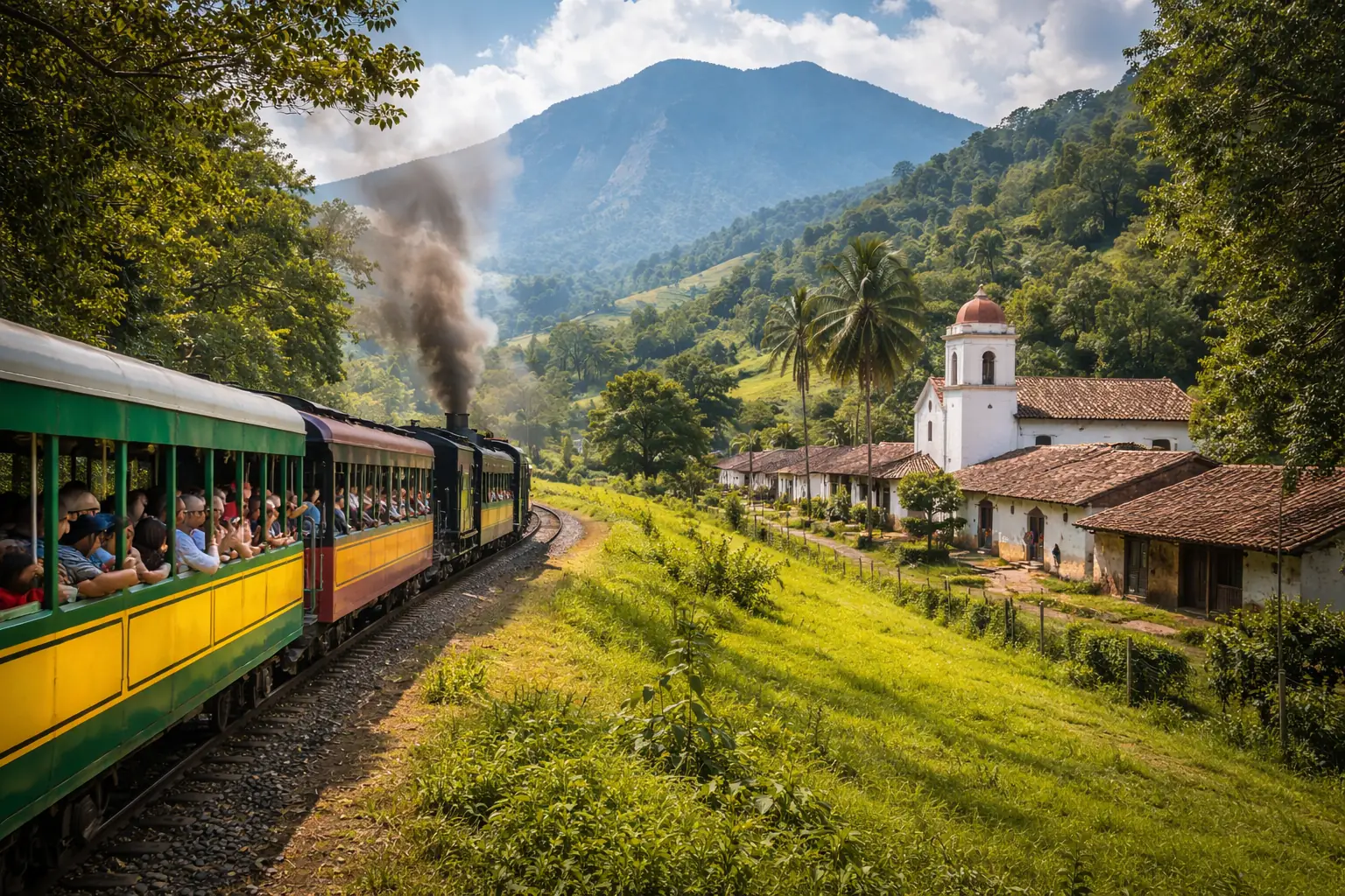 Train touristique traversant les paysages andins de Colombie entre montagnes verdoyantes et villages colorés